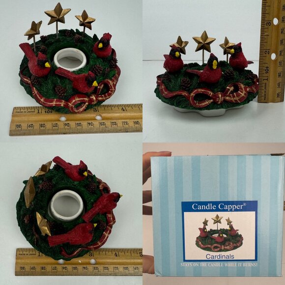 Old Virginia Candle Company Cardinal Birds Gold Stars Candle Capper w Orig Box - Picture 3 of 15